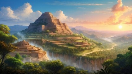 Illustration of mountains and ancient culture