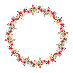Watercolor floral wreath with red and yellow flowers, transparent png
