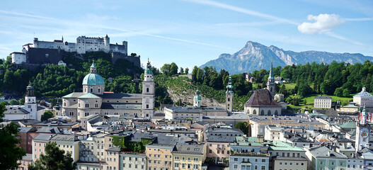Beautiful views of Salzburg with Festung Hohensalzburg in Salzburg Austria.