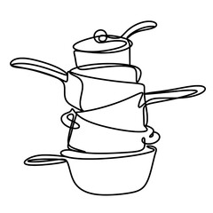 Stack of stainless steel pots and pan one line art