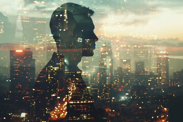 double exposure of businessman and city lights success against evening sky digital art