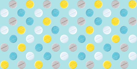 Seamless repetitive colorful round pills arrangement on soft blue background. Medical and health...