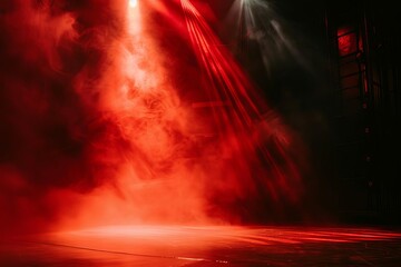 dramatic red spotlight illuminating dark stage with smoky atmosphere theater photography