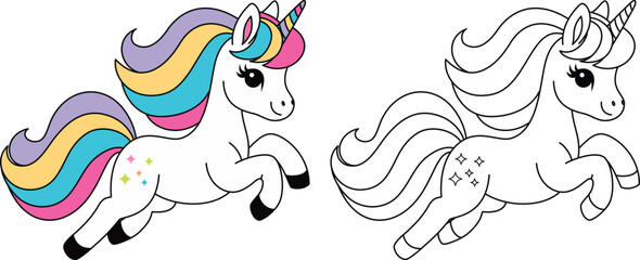 Cute unicorn cartoon character coloring page vector illustration.