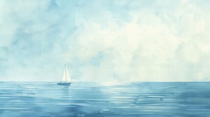 Capture the essence of maritime adventures in a minimalist design from an eye-level angle Emphasize the calm vastness of the ocean and a lone sailboat in serene waters, using watercolors