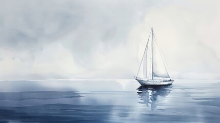 Fototapeta premium Capture the essence of maritime adventures in a minimalist design from an eye-level angle Emphasize the calm vastness of the ocean and a lone sailboat in serene waters, using watercolors