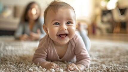 An adorable baby girl is crawling on the floor while her mother looks on.