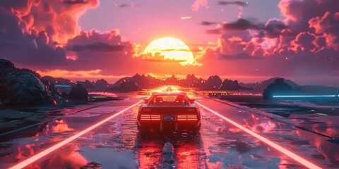 A red sports car drives into the sunset on a coastal highway.
