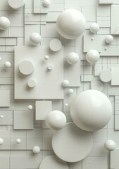 3D rendering of a white geometric pattern with floating spheres