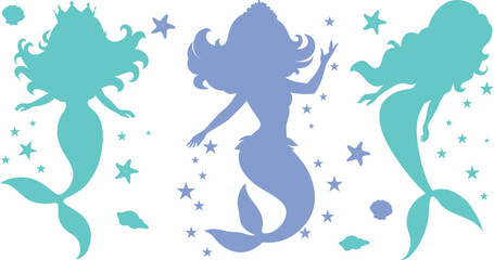 Set of silhouette of swimming mermaids, shells and starfish vector illustration.