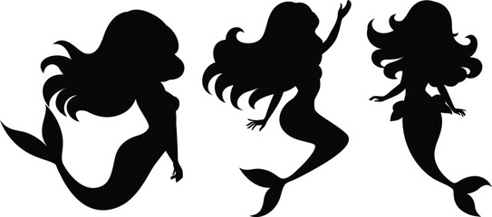 Set of silhouette of swimming mermaids vector illustration.