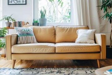 A typical living room setup featuring a comfortable couch and a stylish rug