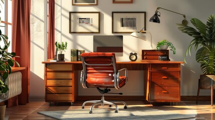 Stylish retro office scene depicted through a modern art lens, blending old and new design ideas