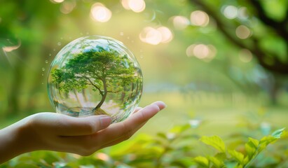 A hand holding a glass globe with a tree inside, representing the concept of environmental protection and living in an eco-friendly world