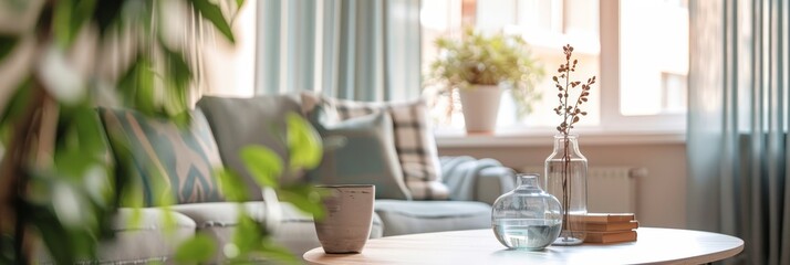 A simple living room with a couch and table, creating a comfortable and functional space for relaxation or socializing