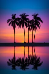 Palm trees at sunset with a pink sky and purple water