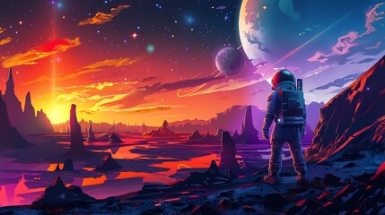An astronaut stands on a distant planet, looking out at the alien landscape