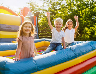 children happy group of kids playing inflatable bounce house on sunny summer vacation day