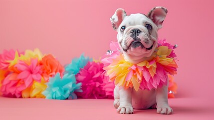 Joyful Bulldog Cheerleader Pom Pom Display in Vibrant Pastel Studio Setting - obrazy, fototapety, plakaty