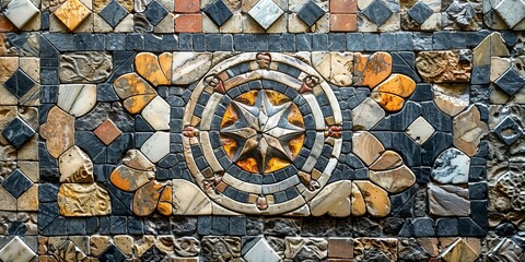 Fototapeta premium A mosaic artwork made of small pieces of colored marble and limestone tiles.