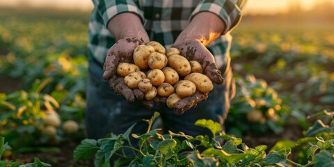 A farmer holding a handful of freshly harvested potatoes in his hands - Powered by Adobe