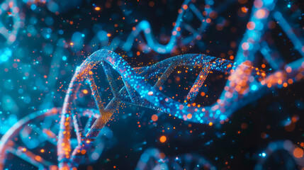 A close up of a DNA strand with orange and blue colors. The image has a futuristic and abstract feel to it