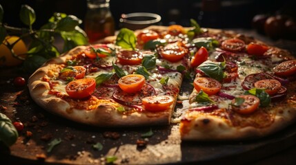 Close-up of a delicious pizza with tomatoes, basil, red onion, and melted cheese