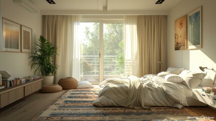 Fototapeta premium A bedroom with a large bed, a rug, and a potted plant