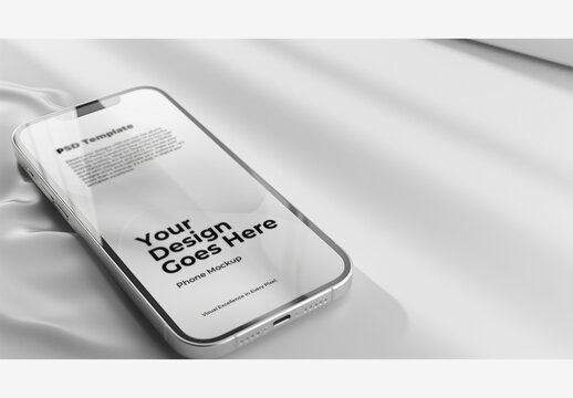White Phone Mockup Screen Template on White Surface with Black and White Screen - White Clay Minimalistic Modern Office Concept