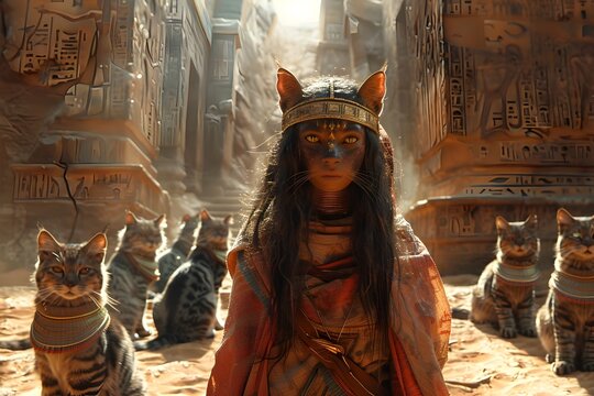 Young Acolyte Serving the Goddess Bastet in a Mystical Temple Sanctuary