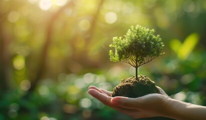 A hand holding a tree growing on a globe with a green background for the concepts of environmental protection and sustainability