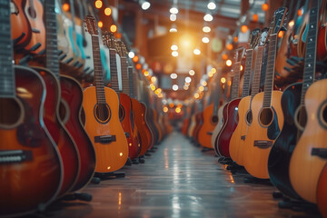 Guitar shop with many different types of guitars