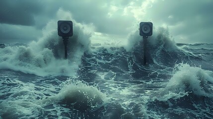 Fototapeta premium The Confrontation: The Sea and Human-Made Warnings