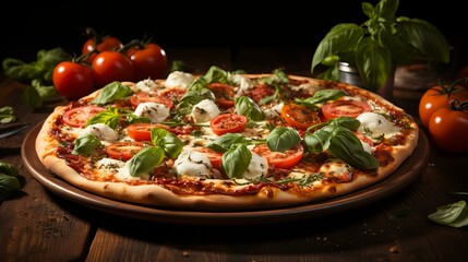 A delicious pizza with fresh tomatoes, mozzarella cheese, and basil.