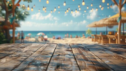 An unoccupied wooden table with a lively beach party as the backdrop, evoking the spirit of carefree summer days.