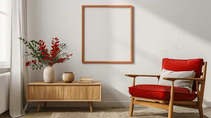 A red chair is in front of a white wall with a large picture frame. The room has a cozy. Interior design of modern and cozy living room interior with mock up poster frame. Home decor. Template
