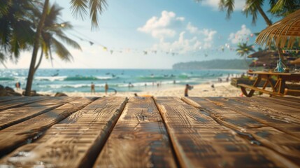 An unoccupied wooden table set against the backdrop of a lively beach party, beckoning guests to join the fun-filled scene.