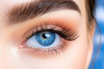 Obraz premium Close up of a woman's blue eye with long false eyelashes