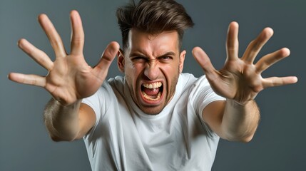 Assertive Man Showing Power and Emotion in White T-Shirt. Dynamic Energy Capture, Grey Background. Expressive Portrait with Hands Stretched Forward. AI
