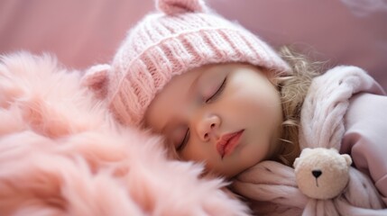 An adorable baby girl sleeping soundly with a pink stuffed animal