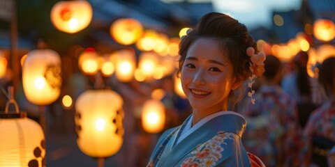 A Japanese woman wearing a kimono smiles at the camera.
