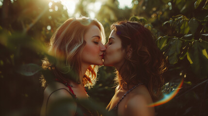 Two women kissing under a rainbow flare in bright sunlight.