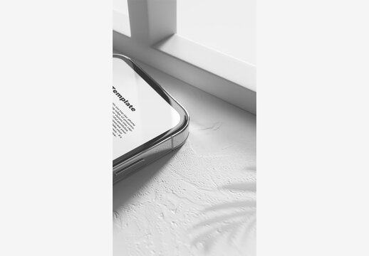 White Phone Mockup Screen Template: Close-Up Cell Smartphone on Table with Plant and Palm Tree Shadow, Window Sill and Glass Pane, White Wall Background