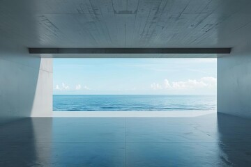 empty concrete floor with sea view 3d rendering of minimalist square interior