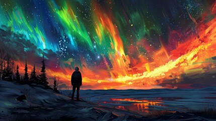 Man standing alone in a field of snow admiring the aurora borealis - obrazy, fototapety, plakaty