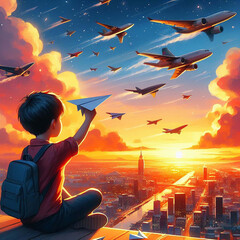 Boy playing near airplanes The boy plays paper airplanes and looking at planes flying in the sunset sky Digital art style illustration painting