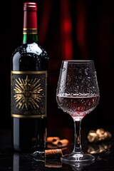 Close-up of a bottle of red wine and a glass of red wine