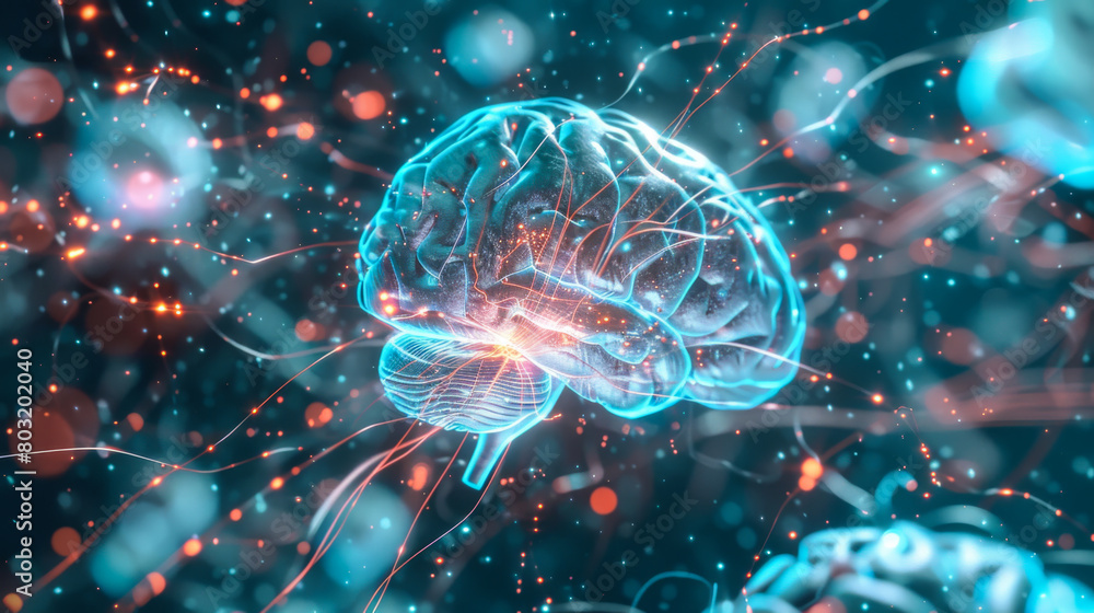 Poster a brain with a blue center and orange and red lines surrounding it. the brain is surrounded by a web