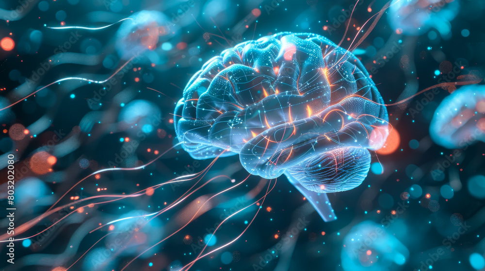 Poster a brain with a blue center and orange and red lines surrounding it. the brain is surrounded by a web
