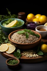 A bowl of brown rice with lemon wedges, herbs, and spices